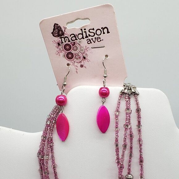 Madison Avenue 4 Strand Fuchsia Pink Glass Faux Beaded Necklace & Earring Set - Picture 8 of 9